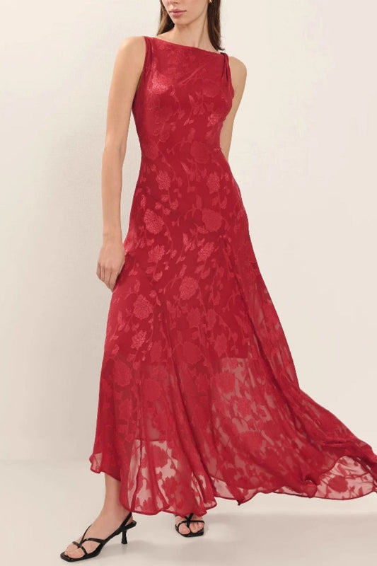 leeveless Lace Backless Jacquard High-Waist Maxi Dress