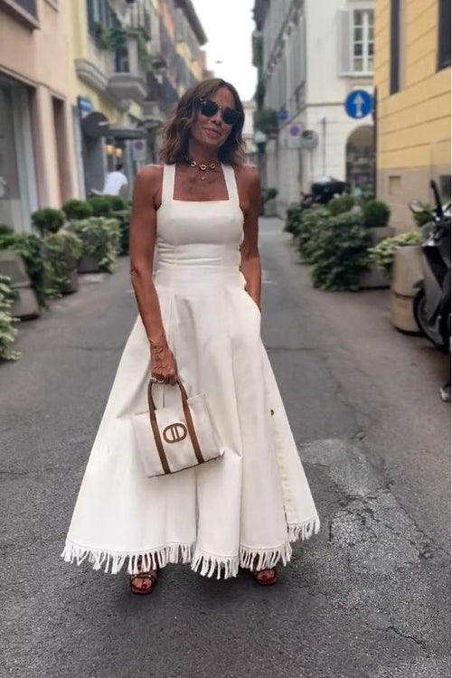 Boho Fringed White Maxi Dress with Pockets